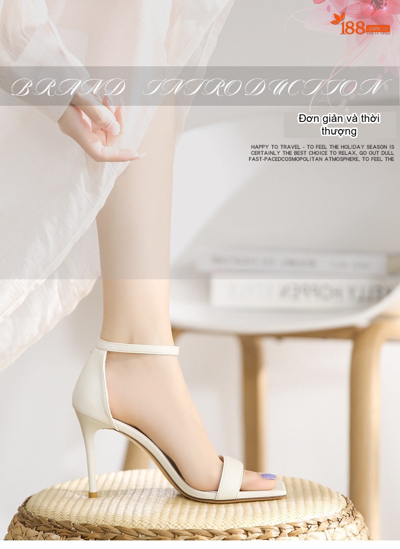 Giày Sandal Cao Gót Nữ Hở Ngón Da Mềm Quai Mảnh Gót Cao 8cm Màu Đen, Trắng, Vàng chi tiết 1