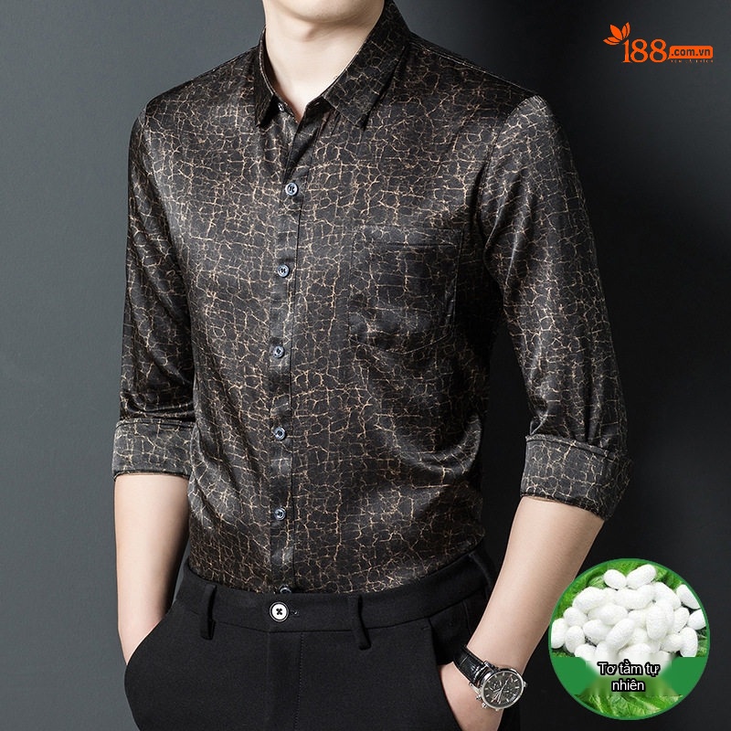 Áo Sơ Mi Dài Tay Nam Lụa Tơ Tằm Hương Vân Sa Họa Tiết Da Rắn Màu Đỏ Rượu Vang, Nâu Đất