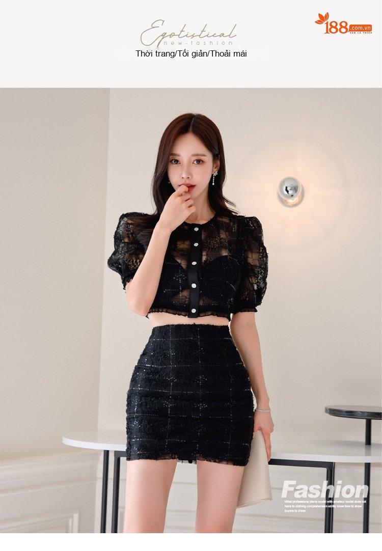 Set Áo Ren Lưới Croptop Tay Ngắn Quần Chân Váy Ngắn Ôm Eo Màu Đen chi tiết 1