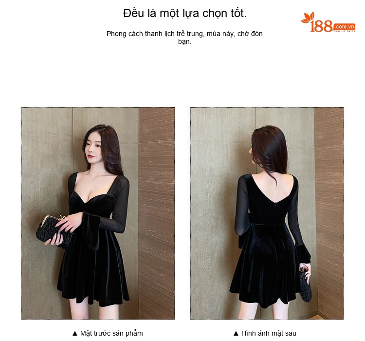 Đầm Nhung Ngắn Chữ A Cổ Chữ V Tay Dài Ôm Dáng Màu Đen chi tiết 4