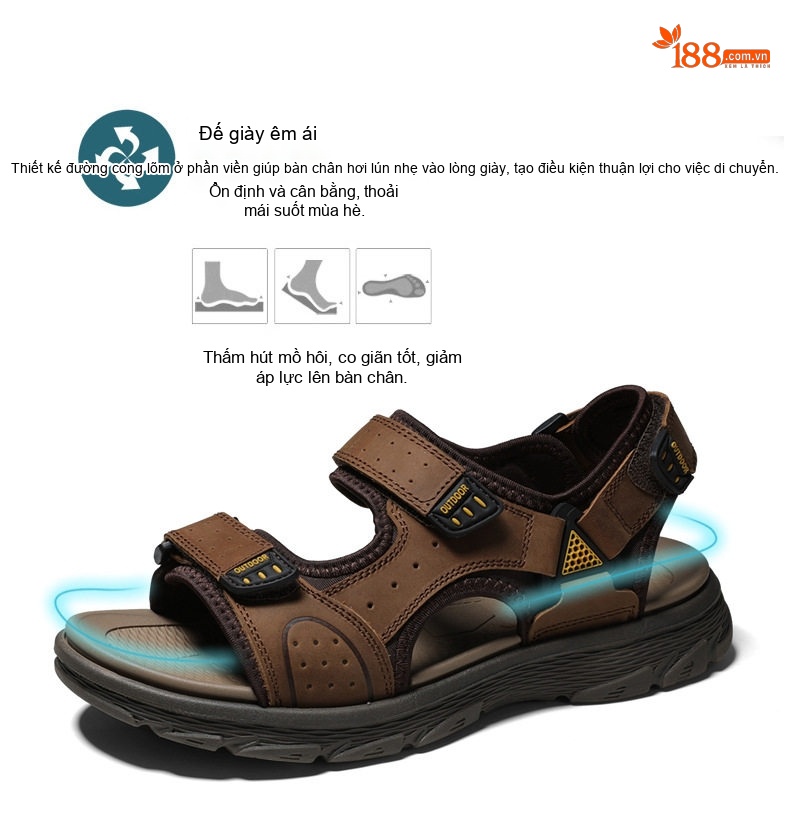 Sandal Nam Da Bò Hở Ngón Thoáng Khí Chiều Cao Đế Khoảng 3cm Màu Nâu, Đen chi tiết 10