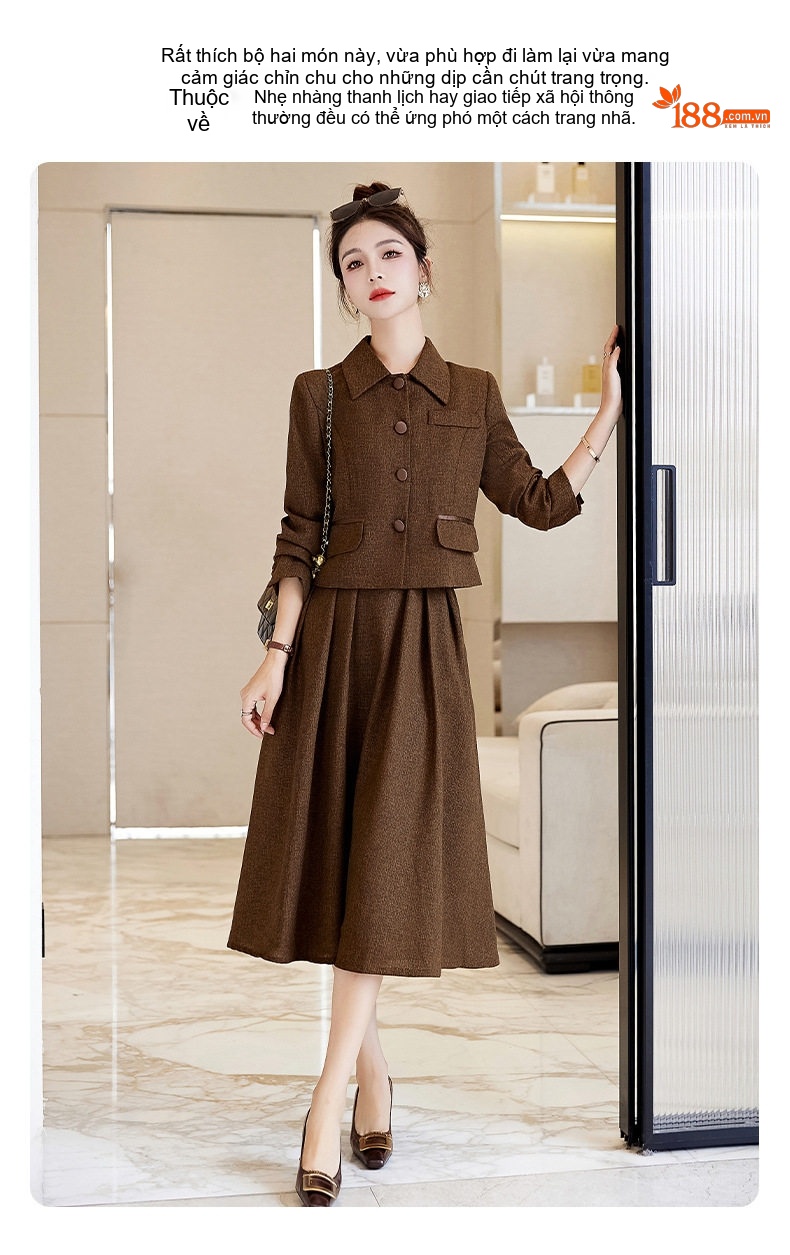 Bộ Vest Nữ Áo Khoác Lửng Tay Dài Chân Váy Midi Phong Cách Hàn Quốc Màu Nâu, Đỏ chi tiết 11