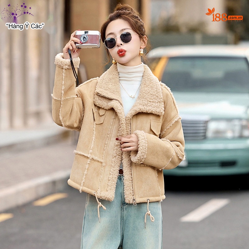 Áo Khoác Lông Cừu Non Nữ Lót Nhung Dày Dặn Kiểu Bomber Da Lộn Màu Be, Nâu
