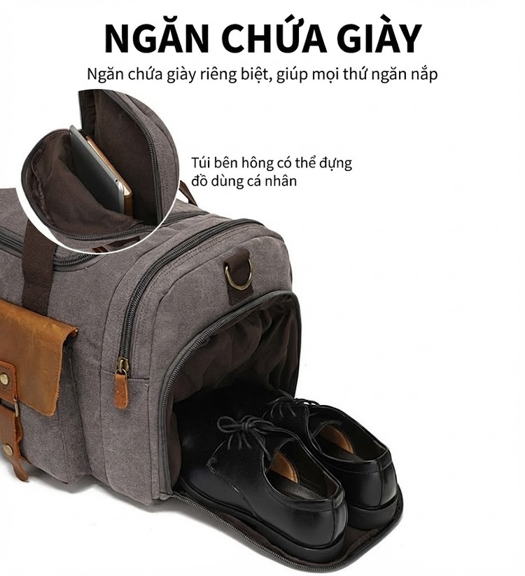 Túi Du Lịch Xách Tay Vải Canvas Đeo Chéo Phong Cách Âu Mỹ Kết Hợp Da Thật Màu Xám, Hồng, Sọc Trắng Đen chi tiết 7