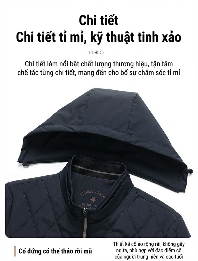 Áo Khoác Bông Nam Có Mũ Trùm Đầu Cotton Lót Lụa Tằm Ngắn Tay Giữ Ấm Màu Đen, Xanh Navy chi tiết 12