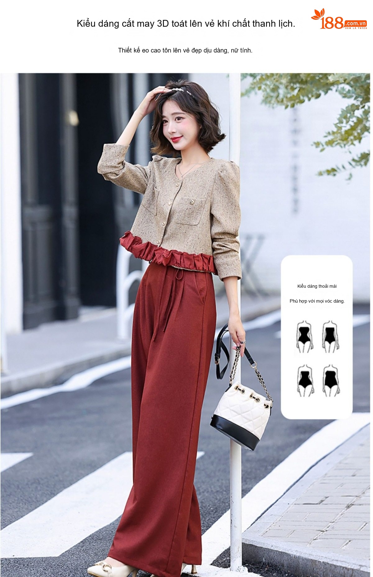 Set Bộ Tiểu Thư Áo Khoác Quần Ống Rộng Phong Cách Hàn Quốc Màu Nâu, Đỏ chi tiết 15