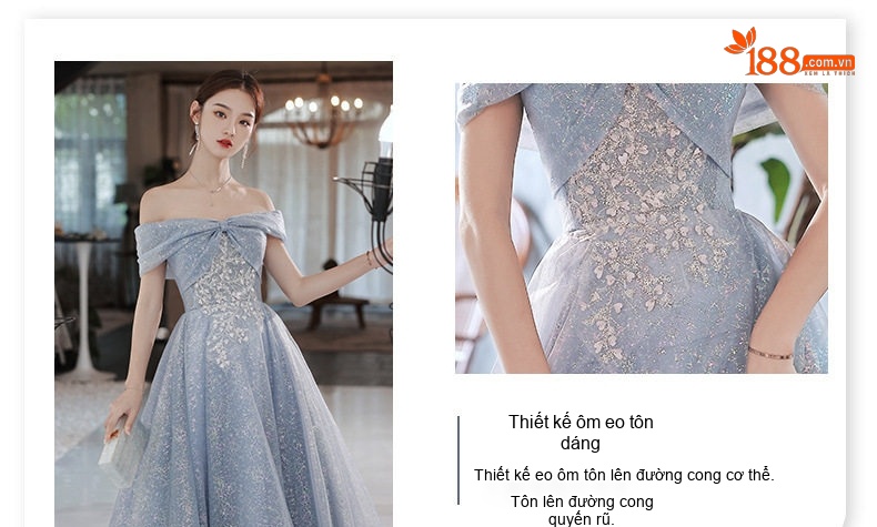 Váy Dạ Hội Nữ Hở Vai Thiết Kế Sang Trọng Màu Xanh Lam chi tiết 5