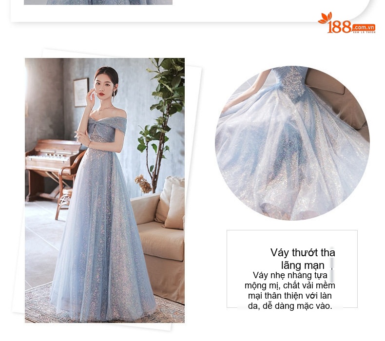 Váy Dạ Hội Nữ Hở Vai Thiết Kế Sang Trọng Màu Xanh Lam chi tiết 6