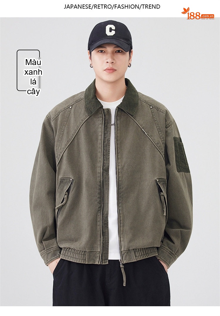 Áo Khoác Bomber Nam Cotton Dáng Ngắn Cổ Bẻ Phong Cách Retro Màu Xanh Olive, Nâu chi tiết 12