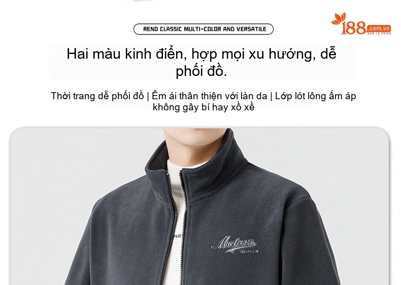 Áo Khoác Lông Cừu Non Nam Dáng Đứng Cổ Khóa Kéo Giữ Ấm Thêu Chữ Màu Xám, Đen chi tiết 3
