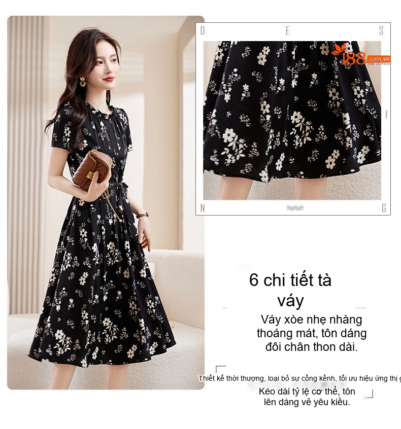 Váy Xòe Nữ Cổ Tròn Tay Ngắn Họa Tiết Hoa Nhí Thắt Eo Thanh Lịch Màu Trắng Kem, Đen chi tiết 9
