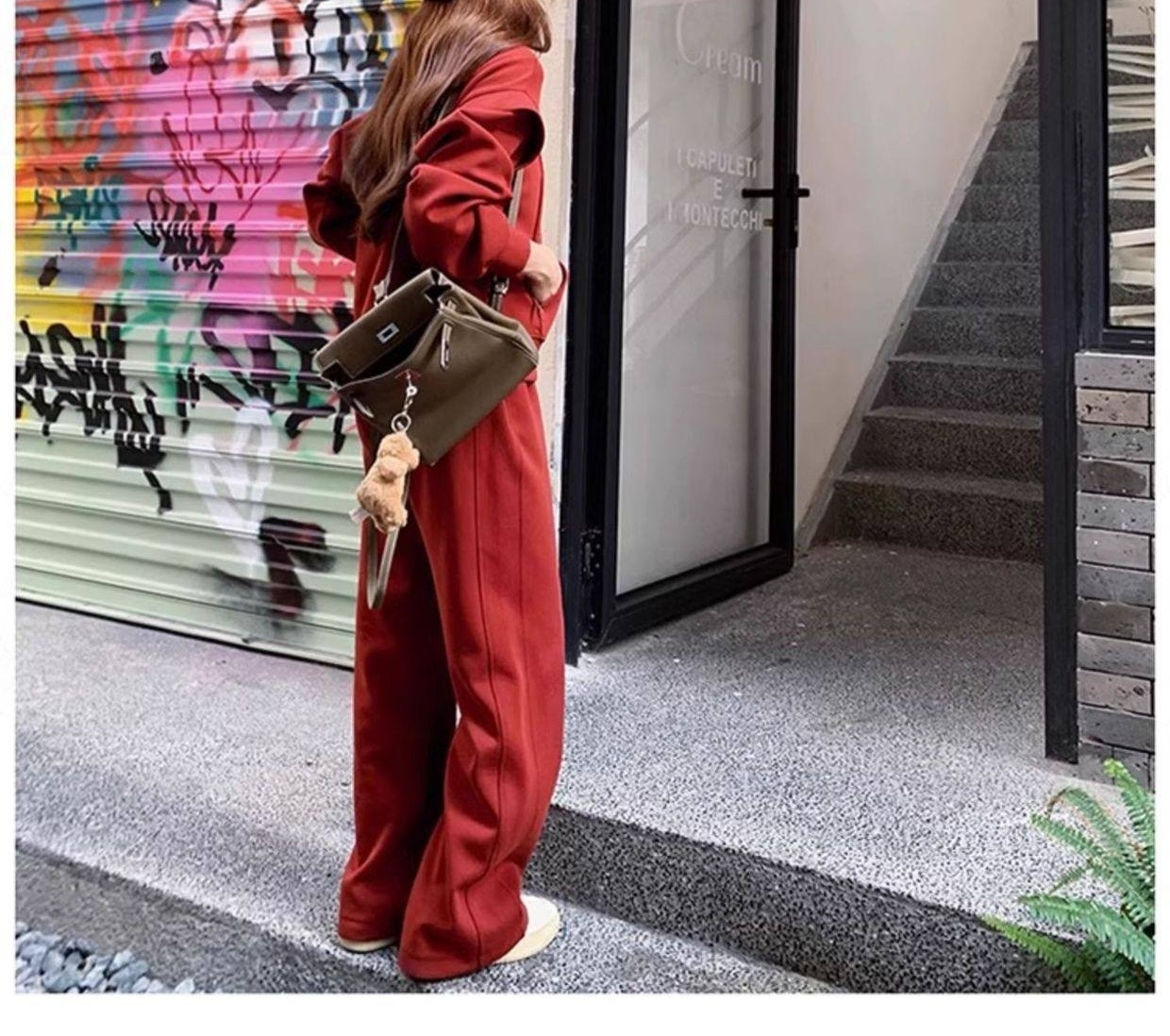 Bộ Đồ Nữ Thu Đông Áo Hoodie Quần Ống Rộng Phong Cách Hàn Quốc Màu Đỏ chi tiết 6