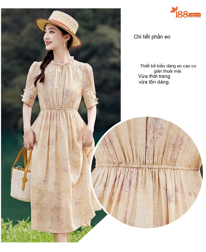 Váy liền thân Nữ Dáng Dài Họa Tiết Hoa Nhí Cổ Điển Thắt Eo Thanh Lịch chi tiết 10