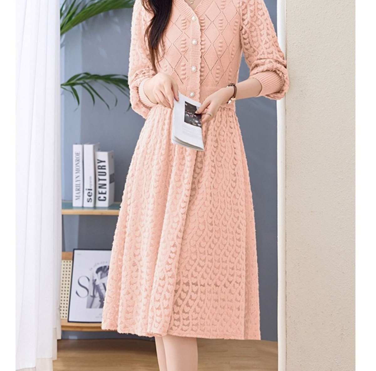 Váy Dệt Kim Nữ Tay Dài Dáng Xòe Họa Tiết Lỗ Màu Be, Hồng, Đen chi tiết 30