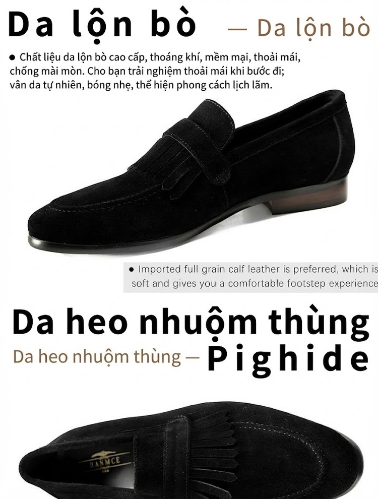 Giày Lười Nam Da Mờ Chiều Cao Đế Khoảng 2cm Thiết Kế Tua Rua Màu Be, Đen chi tiết 4