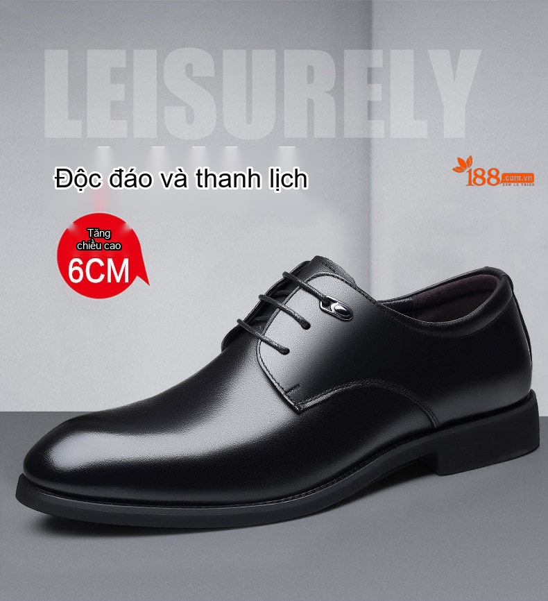 Giày Tây Buộc Dây Nam Da Bò Chiều Cao Đế Khoảng 3cm Màu Đen chi tiết 1