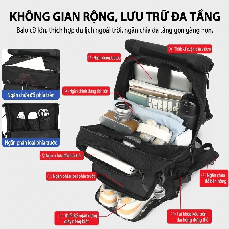 Balo du lịch nam siêu lớn có thể mở rộng 80L