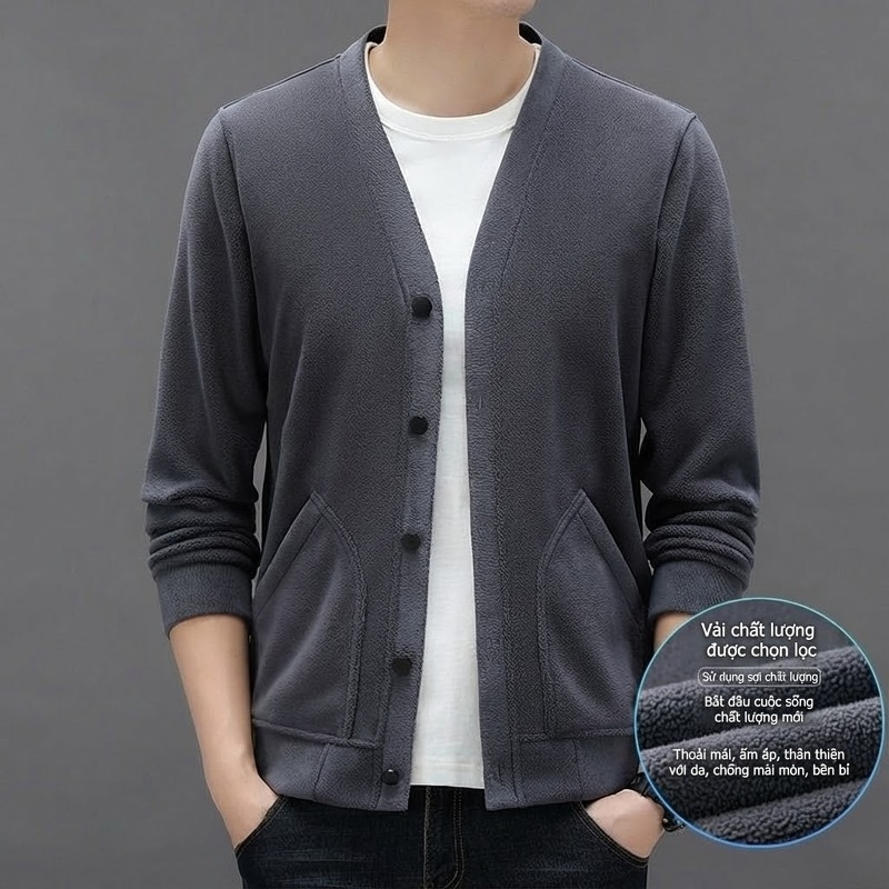Áo Khoác Cardigan Nam Dệt Kim Lông Cừu Non Khóa Cài Túi Hộp Phong Cách Hàn Quốc Màu Xám, Nâu, Đen, Xanh...