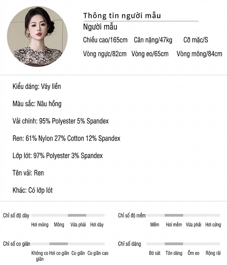Váy Ôm Body Nữ Dài Tay Ren Phong Cách Thanh Lịch Màu Nâu chi tiết 2