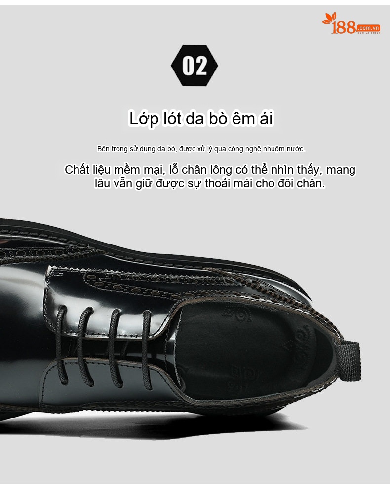 Giày Tây Buộc Dây Nam Da Bò Thật Brogue Chiều Cao Đế Khoảng 4cm Màu Đen, Đỏ Rượu chi tiết 8