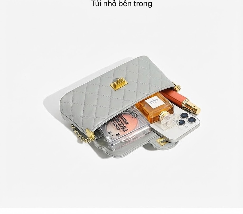 Túi Xách Nữ Da Thật Quai Xích Trám Ô Chần Bông Cầm Tay Đeo Vai Màu Xám, Vàng, Trắng, Đen... chi tiết 10