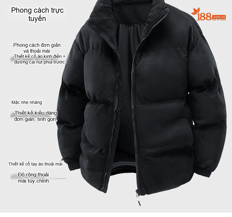 Áo Khoác Cotton Nam Nữ Cổ Trụ Dáng Rộng Màu Đen, Nâu, Xám chi tiết 8