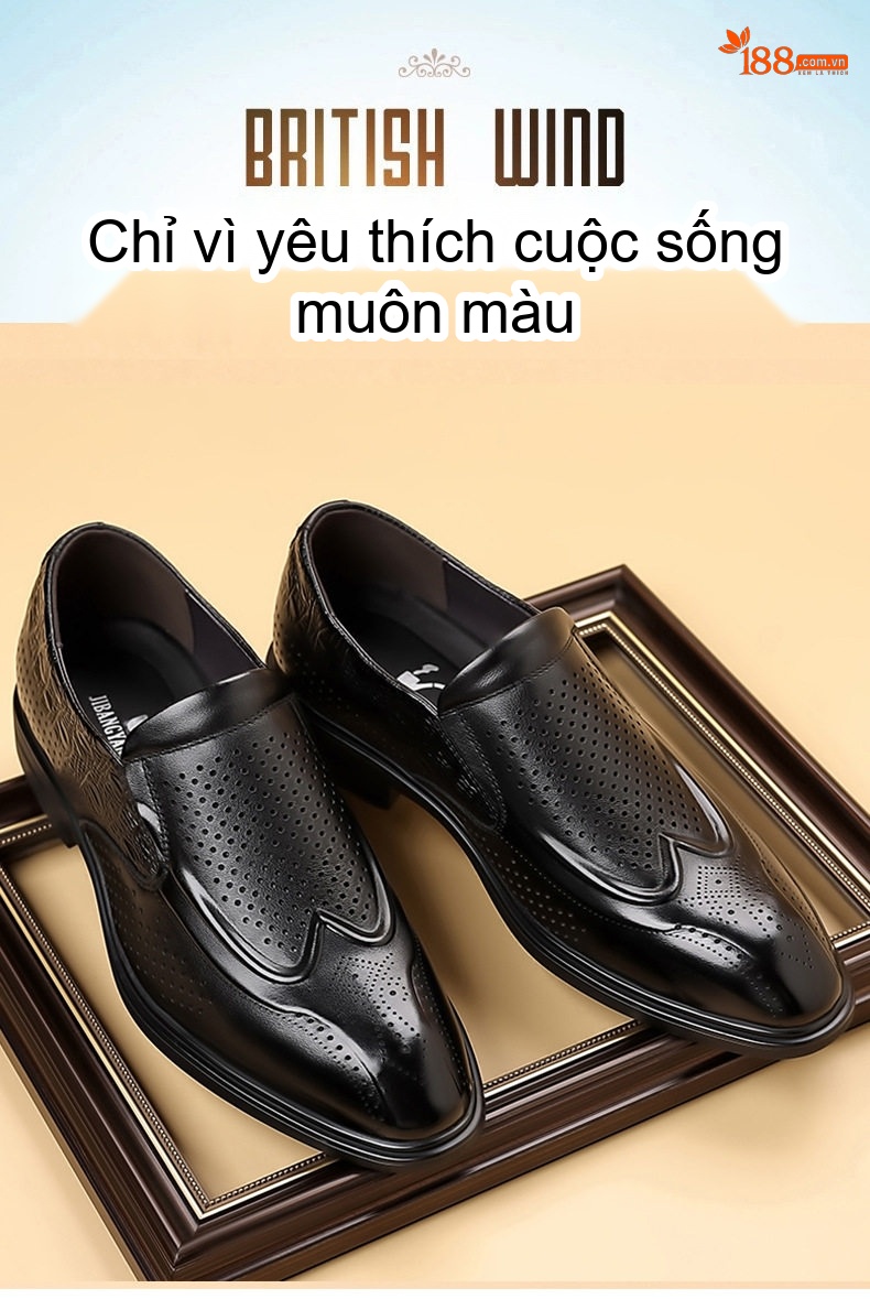 Giày Lười Nam Da Bò Đục Lỗ Thoáng Khí Chiều Cao Đế Khoảng 2cm Màu Đen, Nâu chi tiết 4