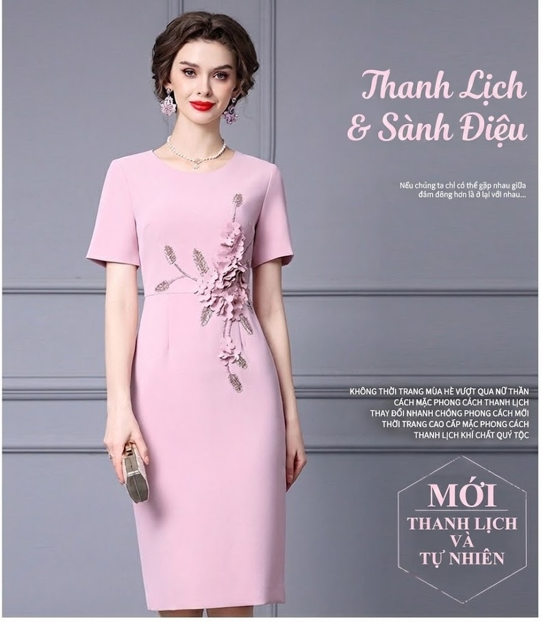 Váy Ôm Body Nữ Đính Hoa 3D, Họa Tiết Trang Trí Màu Hồng chi tiết 17