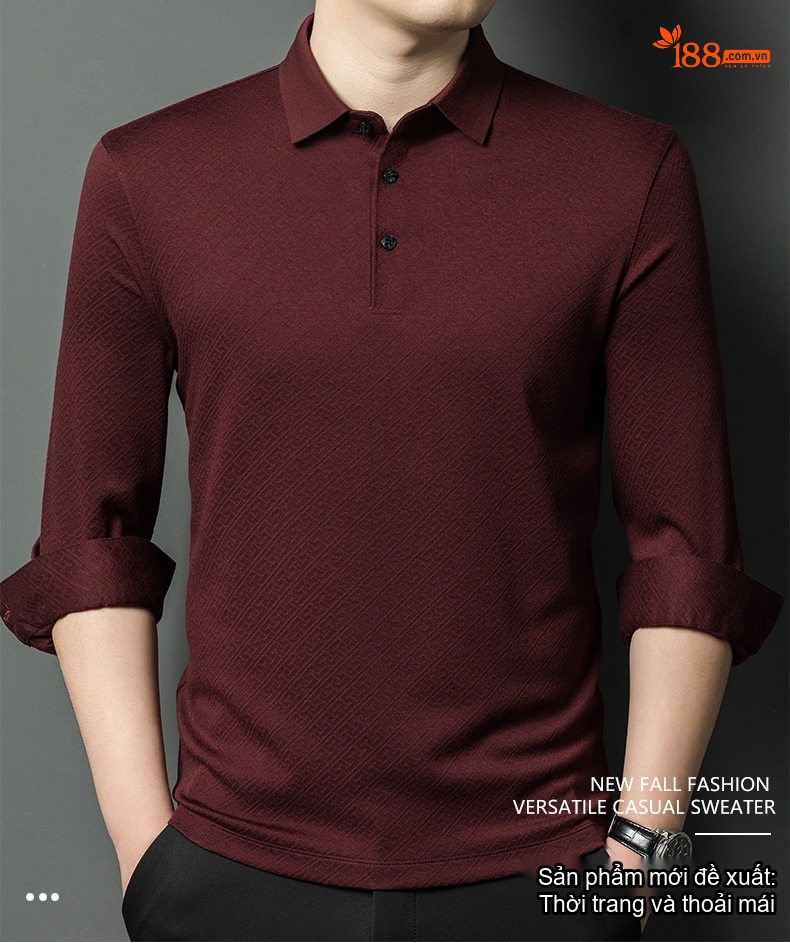 Áo Polo Nam Tay Dài Dệt Kim Cashmere Chống Nhăn Màu Đen, Đỏ Rượu Vang, Xám chi tiết 1