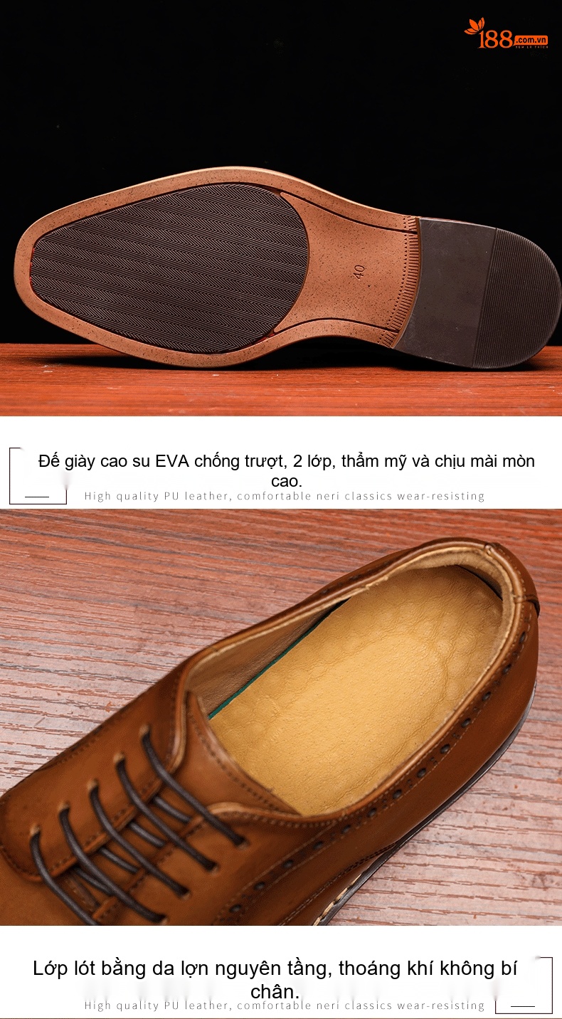 Giày Tây Brogue Buộc Dây Nam Da Bò Chiều Cao Đế Khoảng 3cm Màu Nâu chi tiết 5