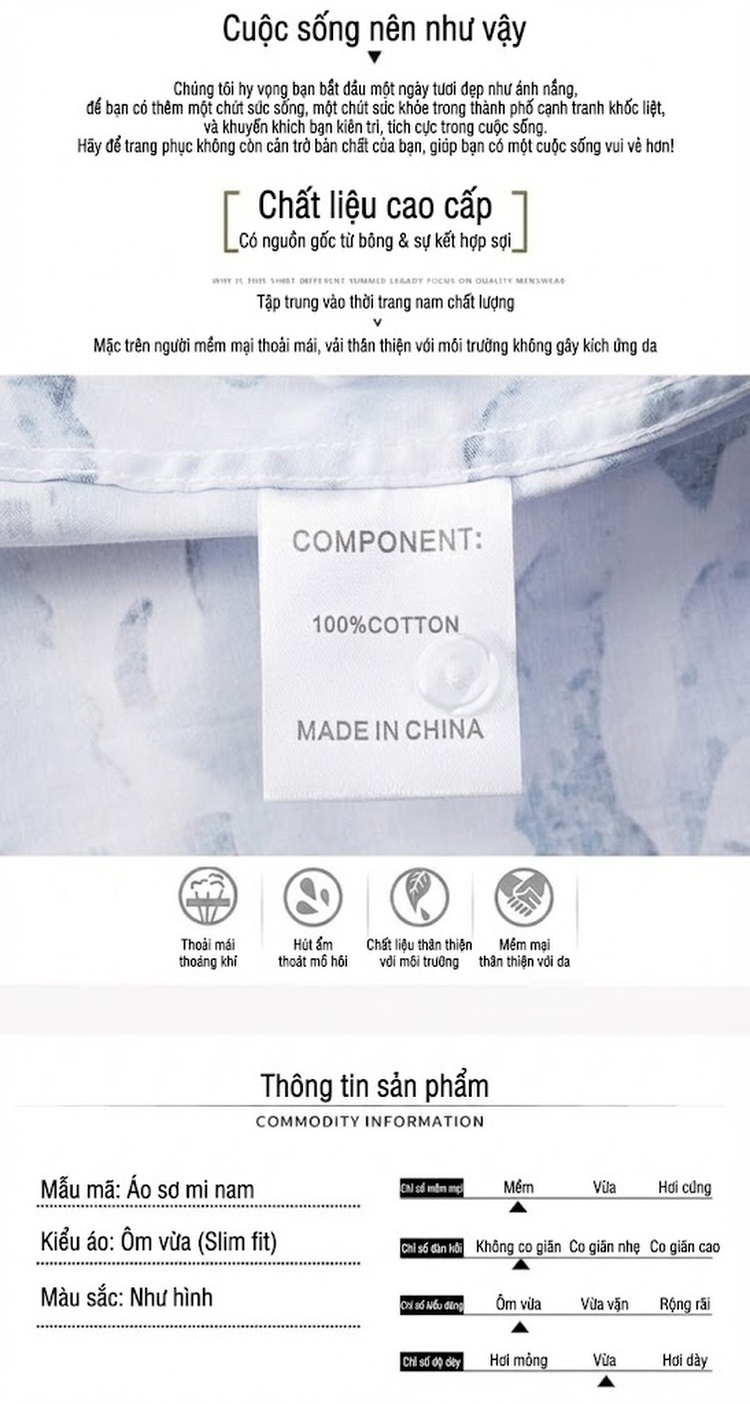 Áo Sơ Mi Ngắn Tay Nam Cotton In Họa Tiết Sóng Biển Màu Trắng, Xanh chi tiết 4