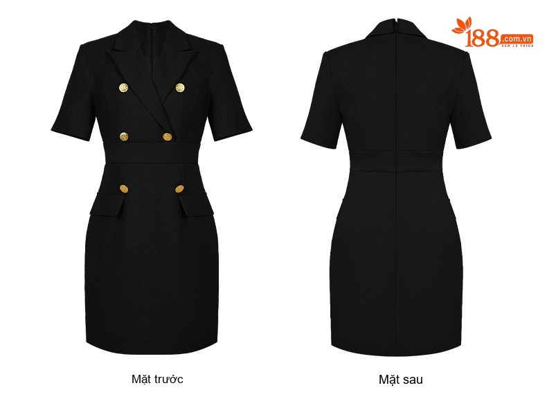 Váy Đầm Công Sở Nữ Tay Ngắn Cổ chữ Vest Hai Hàng Khuy Ôm Dáng Màu Đen, Nâu, Kem chi tiết 8