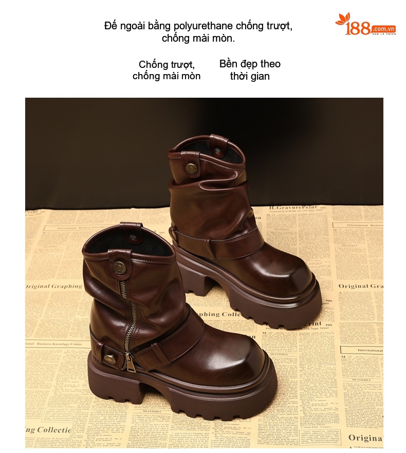 Boot Nữ Da Bóng Đế Cao Khoảng 7.5cm Tăng Chiều Cao Màu Đen, Nâu chi tiết 12