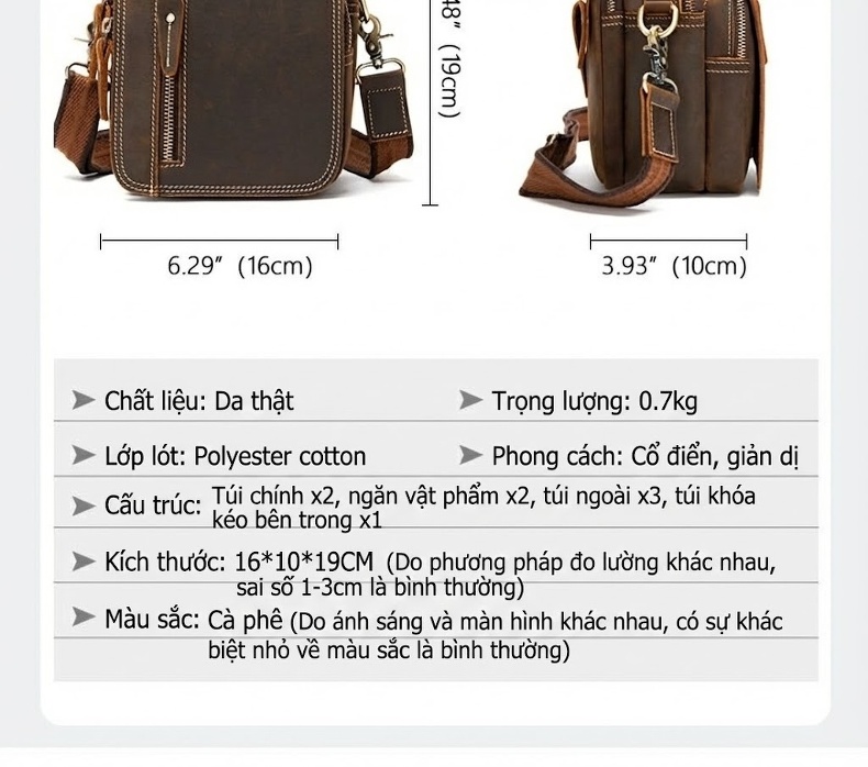 Túi Đeo Chéo Nam Da Thật Phong Cách Retro, Túi Đeo Vai, Túi Thắt Lưng 2 in 1 Màu Nâu chi tiết 3