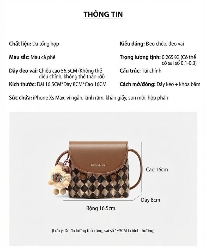 Túi Đeo Chéo Nữ Họa Tiết Caro Vintage Da Bóng Dáng Thùng Thời Trang Màu Nâu, Đen chi tiết 6