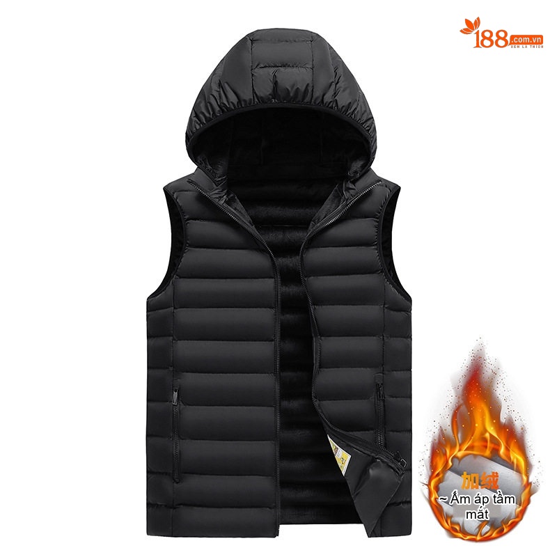 Áo Gile Bông Nam Có Mũ Trùm Đầu Tháo Rời 100% Polyester Màu Đen, Xám, Xanh Lam, Xanh Đậm...