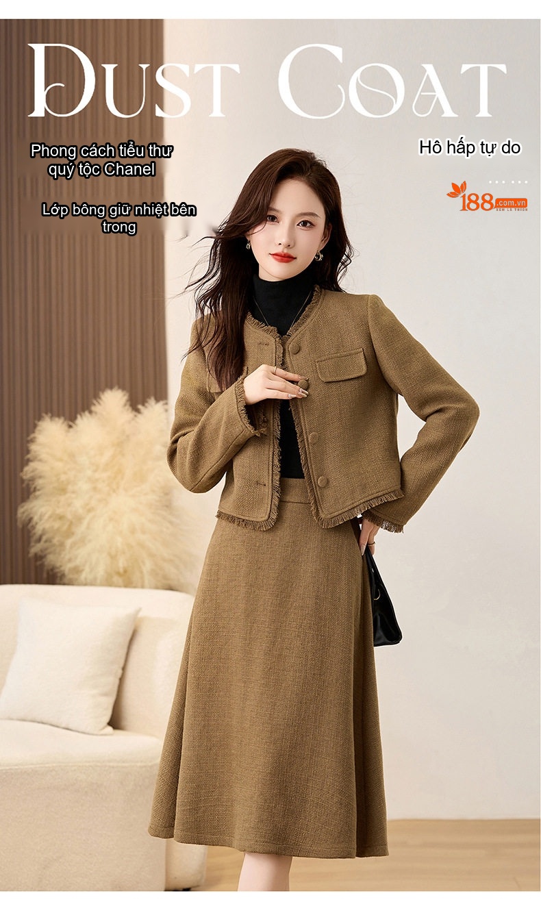 Set Áo Khoác Lửng Tay Dài Cổ Tròn và Chân Váy Midi A Line Trám Bông Dày Dặn Màu Nâu, Đỏ chi tiết 1