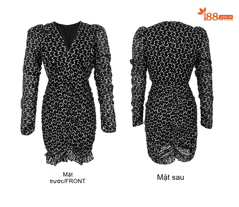 Váy Ôm Body Nữ Cổ chữ V In Họa Tiết Tay Bồng Viền Bèo Phong Cách Pháp Màu Đen Trắng chi tiết 6
