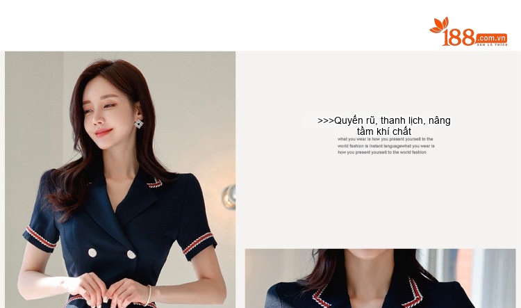 Váy Đầm Ôm Body Nữ Cổ chữ Vest Tay Ngắn Hai Hàng Khuy Phong Cách Thanh Lịch Màu Xanh Navy chi tiết 3