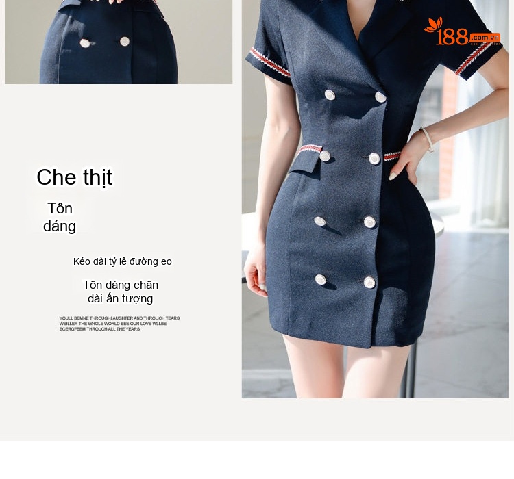 Váy Đầm Ôm Body Nữ Cổ chữ Vest Tay Ngắn Hai Hàng Khuy Phong Cách Thanh Lịch Màu Xanh Navy chi tiết 4