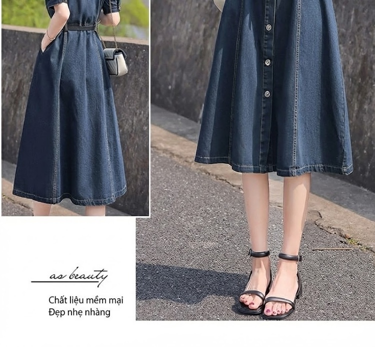 Váy Đầm Jean Dáng Dài Nữ Tính Thu Eo Kèm Đai Phong Cách Hàn Quốc chi tiết 11