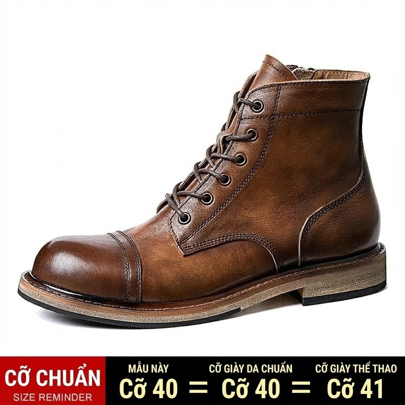Giày Boot Martin Nam Cao Cổ Da Thật Đế Dày Chiều Cao Đế Khoảng 3cm Phong Cách Anh Quốc Màu Nâu, Đen