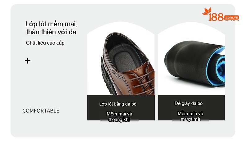 Giày Tây Buộc Dây Nam Da Bò Phong Cách Anh Quốc Chiều Cao Đế Khoảng 4cm Màu Nâu, Đen chi tiết 4