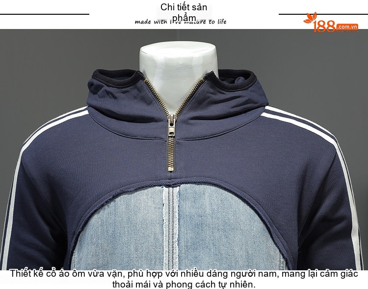 Áo Khoác Hoodie Nam Nữ Phong Cách Đường Phố Jeans Túi Hộp Màu Xanh Dương, Xanh Navy chi tiết 7