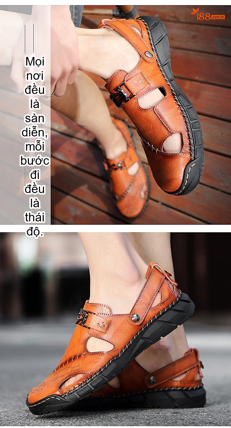 Sandal Nam Da Thật Xỏ Ngón Thoáng Khí Chiều Cao Đế Khoảng 3cm Màu Nâu, Đen chi tiết 22