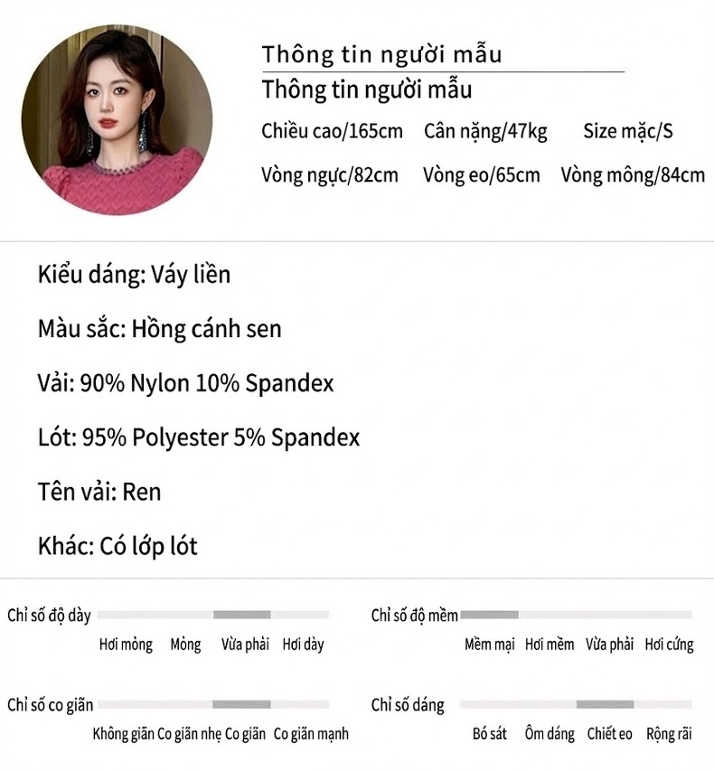 Váy liền thân Nữ Dệt Kim Cổ Tròn Tay Dài Bèo Nhún Eo Ôm Dáng Đuôi Cá Màu Hồng chi tiết 2