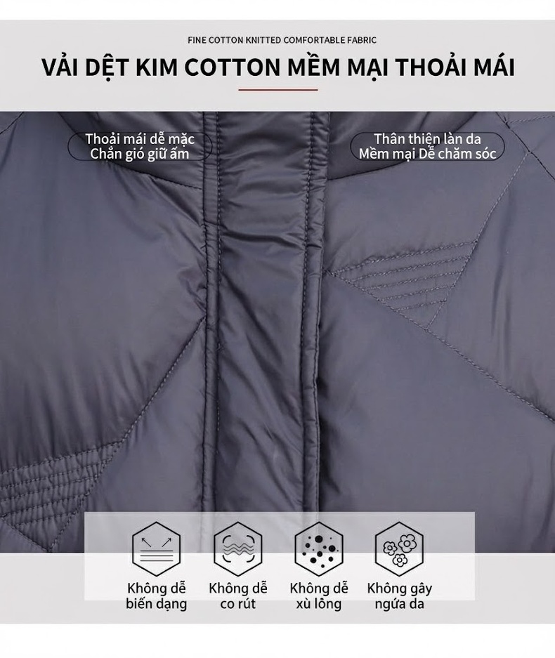 Áo Khoác Phao Nữ Cotton Dáng Ngắn Lót Dày Cổ Đứng Màu Đen, Xanh Lá chi tiết 5