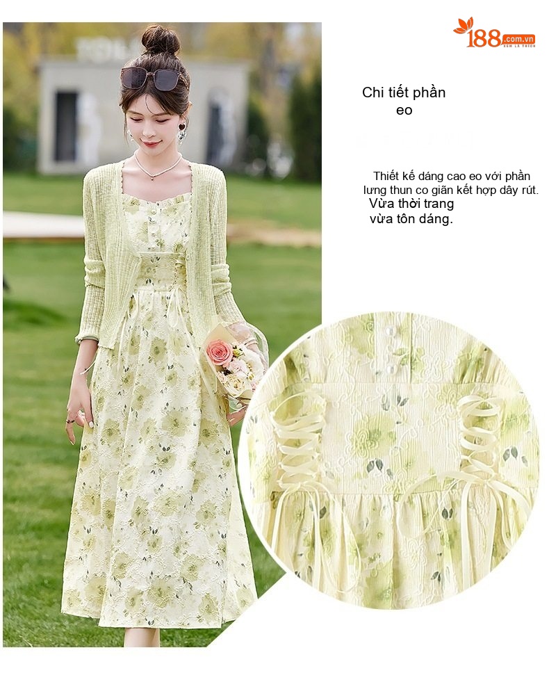 Váy Hai Dây Nữ dáng chữ A Chiết Eo Họa Tiết Hoa Nhỏ Kèm Áo Khoác Cardigan Dệt Kim Màu Xanh Nhạt chi tiết 7