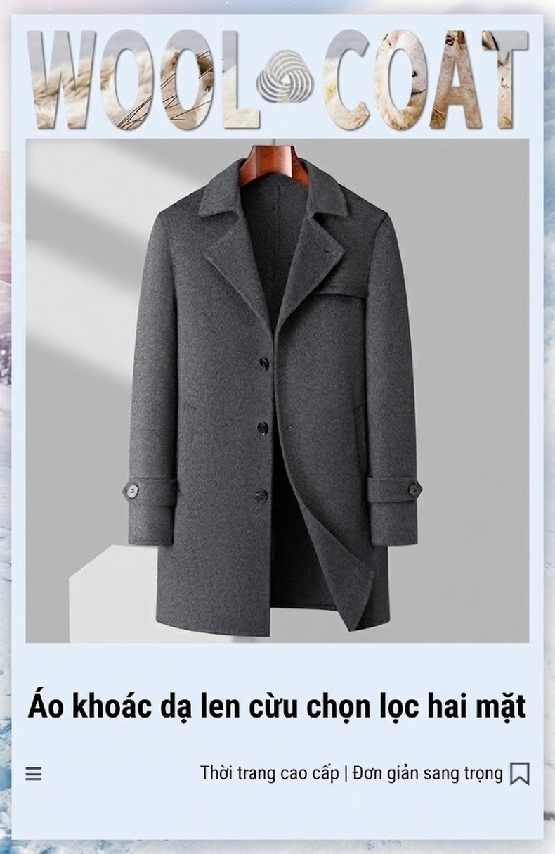 Áo Khoác Dạ Nam Hai Mặt Dáng Dài Cổ chữ Vest Dày Dặn Màu Đen, Xám chi tiết 1