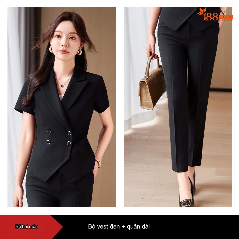 Bộ Vest Công Sở Nữ Tay Ngắn Quần Dài Màu Đen, Xám